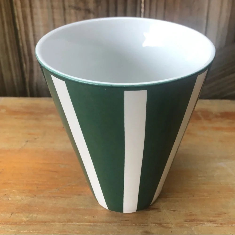 Pier 1 Imports Green & White Vertical Stripe Coffee Mug Tea Cup Size 13oz